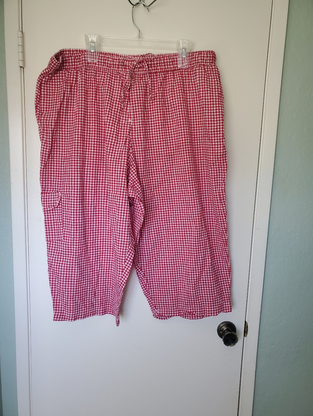 White Stag Stretch Woman' Red Checked Seersucker Drawstring Cropped Pants Sz 3X